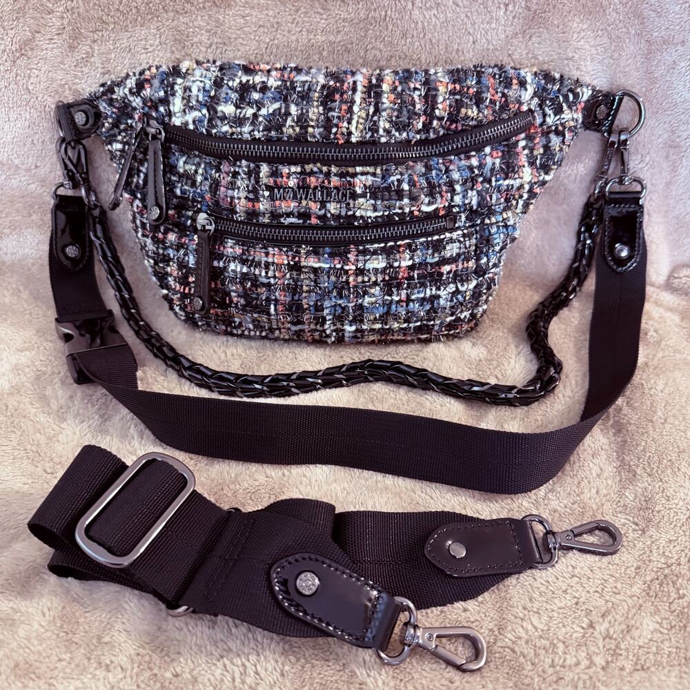 MZ Wallace Small Crosby Sling Belt bag in Woven Midnight Boucle Crossbody